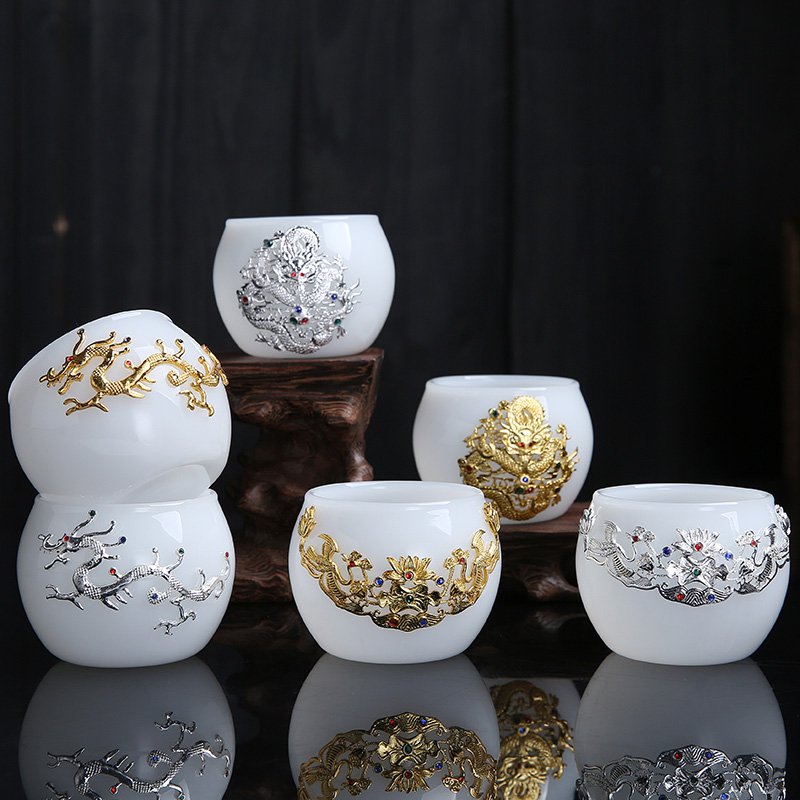 Lin Xiaowei with silvery white jade porcelain teacup large individual cup of coloured glaze master cup sample tea cup lamp that kung fu tea set