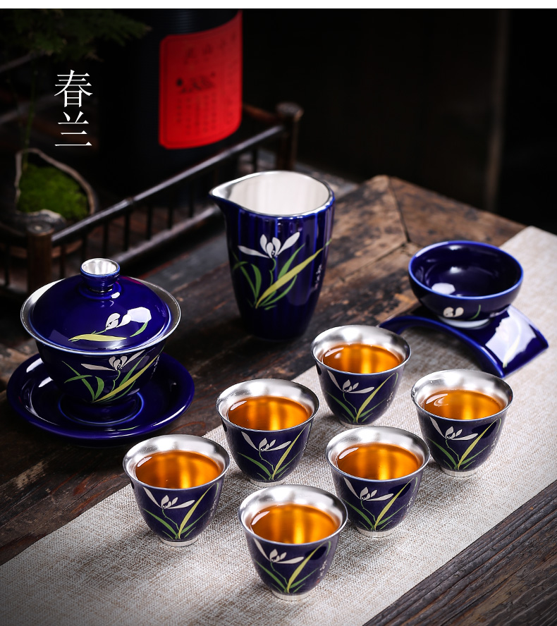 Jingdezhen coppering. As silver tea set office ceramic silver tea set a complete set of kung fu tea cup teapot household