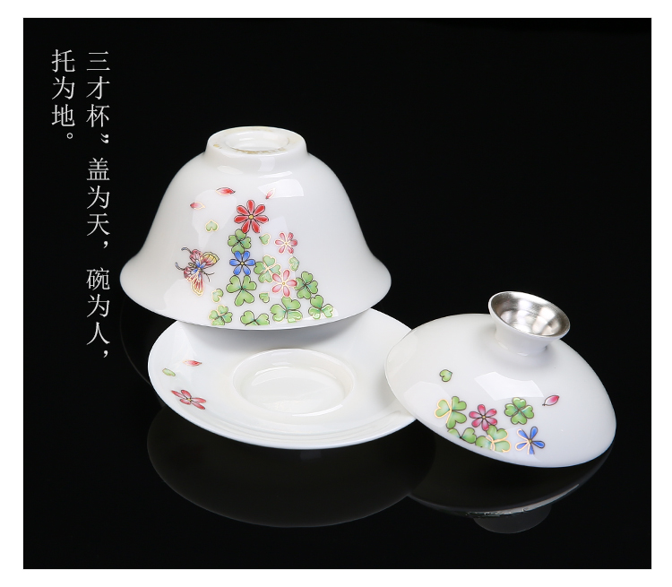 Dehua white porcelain coppering. As silver tea set suet jade porcelain kung fu tea tea, teapot teacup whole household