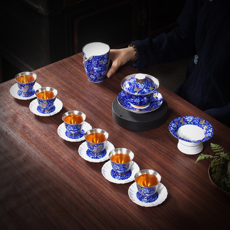 Jingdezhen tasted silver gilding hand - made tureen kung fu of blue and white porcelain tea sets big household ceramic teapot teacup gift boxes