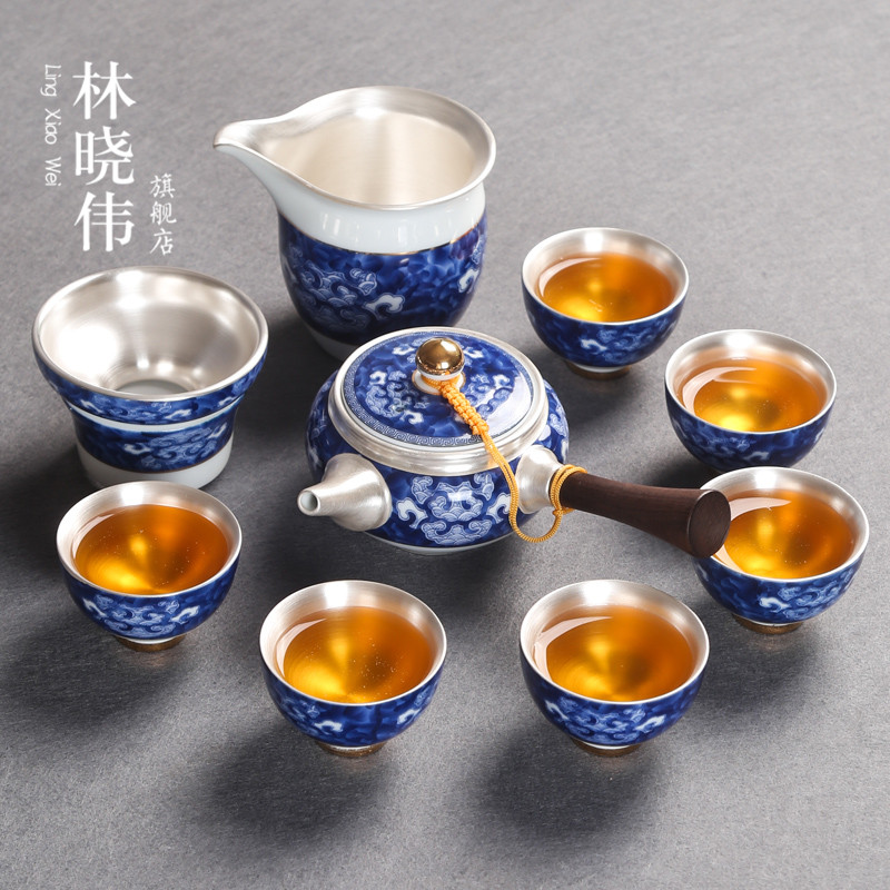 Jingdezhen blue and white porcelain tea set suit Japanese household silver ceramic kung fu tea set side of a complete set of the pot of tea cups