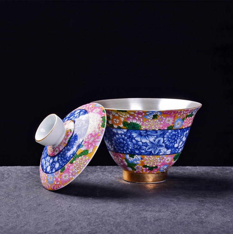 Jingdezhen blue and white porcelain ceramic with silver tea set a complete set of silver kung fu tea tea tureen tea cups