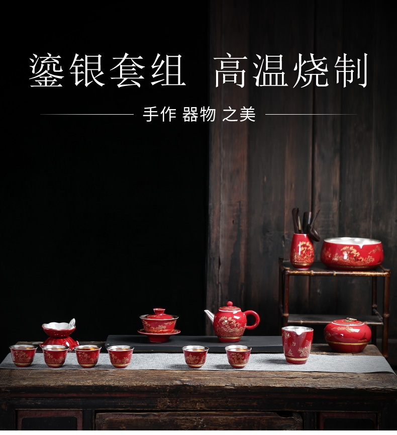 Jingdezhen ji red 999 sterling silver tea set tasted silver gilding kung fu tea teapot teacup of a complete set of household contracted
