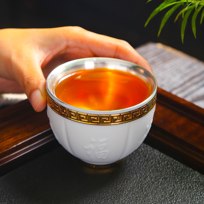 Dehua suet jade porcelain fine gold light on cup suit silver cups master cup personal tea bowl kung fu tea set