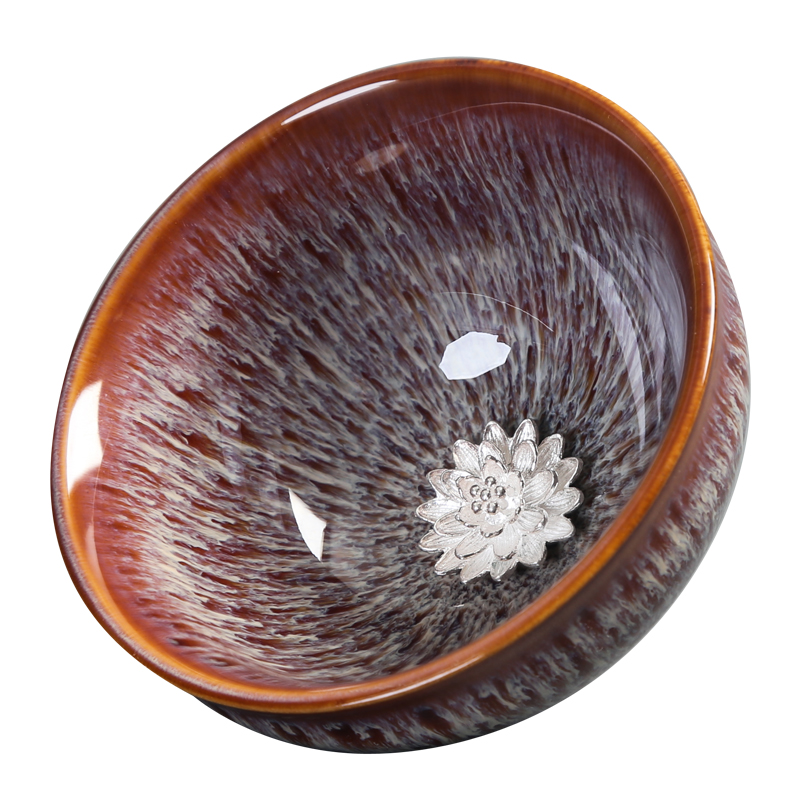 Up with ceramic inlaid with silver cup temmoku lamp sample tea cup master cup single CPU kung fu tea tea light lamp bowl is built