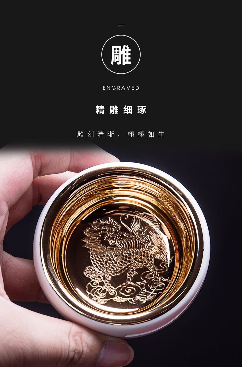 Lin Xiaowei 24 k pure gold cup suet jade white porcelain ceramic kung fu tea set checking fine gold yellow marigold masters cup