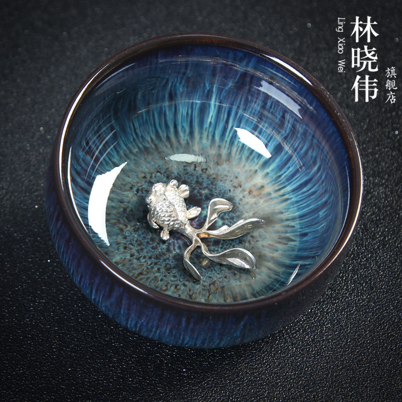Kiln change inlaid silver ceramic tea cup Tianmu tea zodiac master's cup Jianzengfu tea with single cup of tea drinking cup