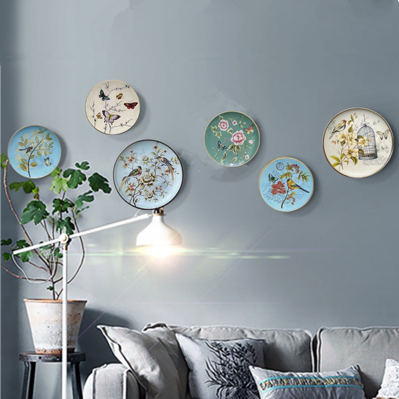 American retro ceramic plate European painting of flowers and creative metope adornment hang dish TV setting wall act the role of sofa