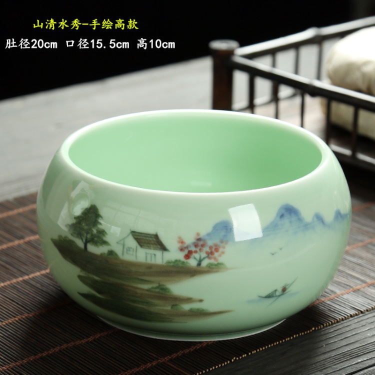 Kung fu tea set elegant celadon porcelain basin for wash cup tea wash bowl of tea large vessels XiCha big writing brush washer water jar