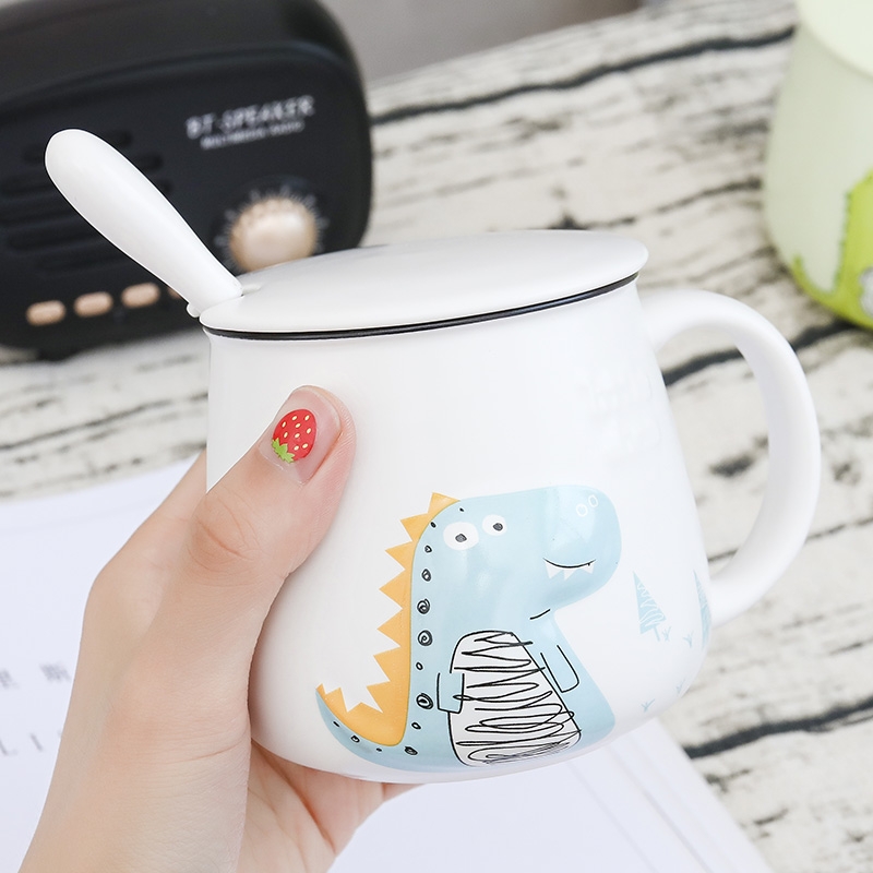 Han edition express cartoon dinosaur crocodile, anaglyph ceramic mugs girl children spoon breakfast milk cup with cover