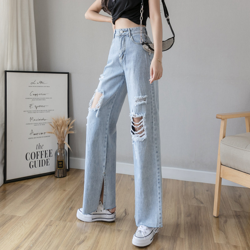 The new straight tube loose high loose, high - waist perception of open leg pants in spring and autumn