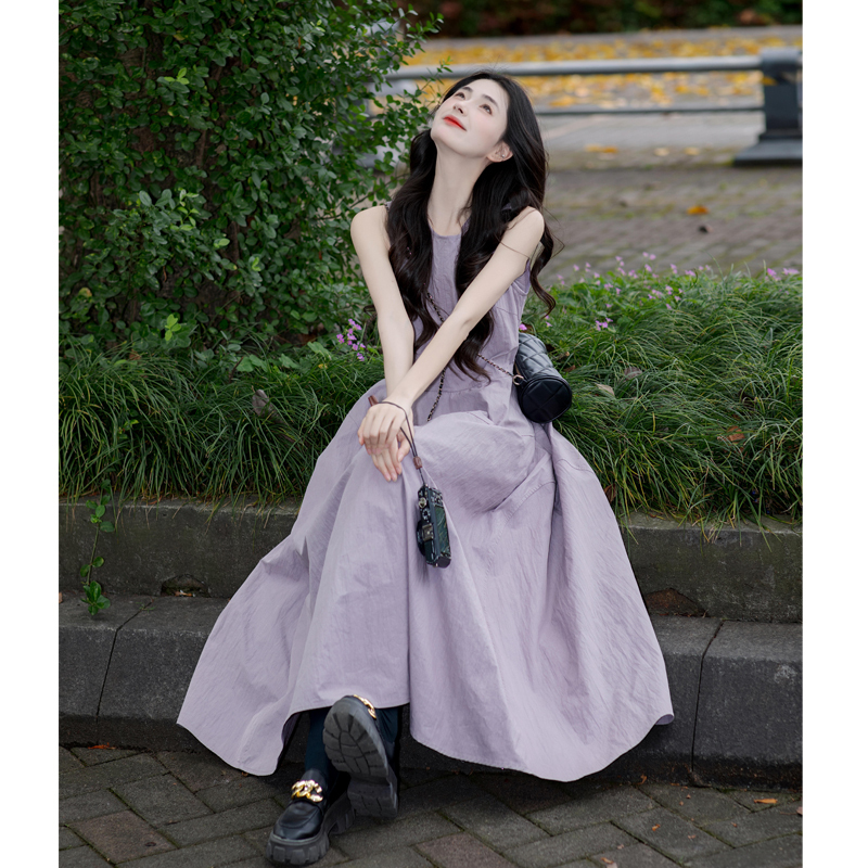 Purple Draped Tank Dress for Women, 2026 Summer New Style, Sleeveless Floral Long Dress, High-End and Super Pretty
