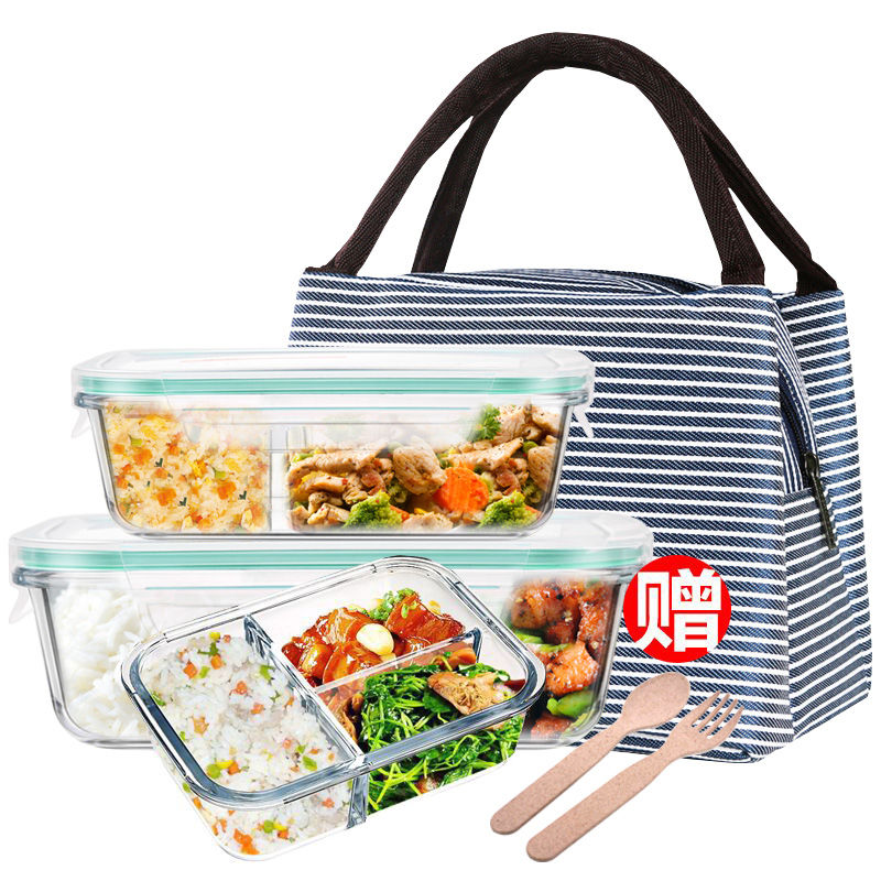 Tempered glass lunch box separated microwave oven heat-resistant lunch box office workers with rice compartment fresh-keeping box three-piece set