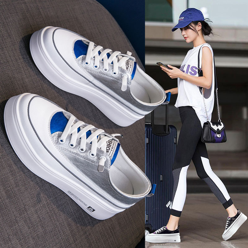 Inside heightening small white shoes woman 2022 exploits spring new thin section 100 hitch flat bottom thick bottom pine pastry dermis