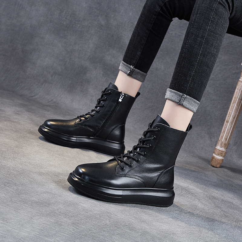 Genuine leather Martin boots women's British style 2021 autumn new round toe versatile tide ins soft leather flat heel platform boots