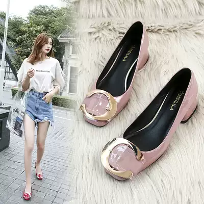 Coarse heel single shoes women 2021 summer with wild leather square head soft leather patent leather shallow mouth Bean shoes new fashion