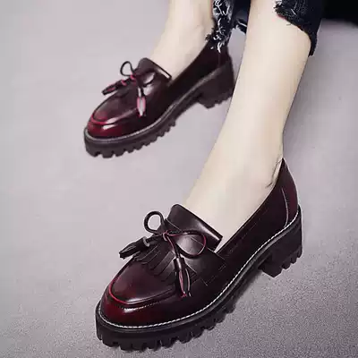 2021 Spring and Autumn New thick heel with Joker shallow shoes bow tassel single shoes British style small leather shoes women