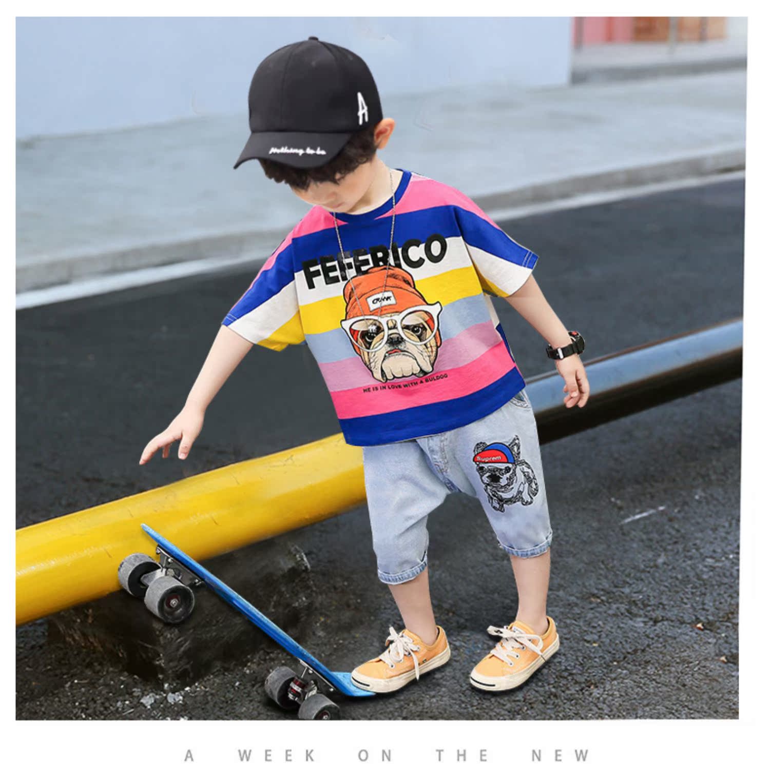 Quần áo bé trai mùa hè 2019 mới 3 trẻ lớn 4 trẻ 5 quần áo thủy triều 6 tay ngắn 7 hai bộ 8 tuổi - Phù hợp với trẻ em bộ nỉ bông cho bé
