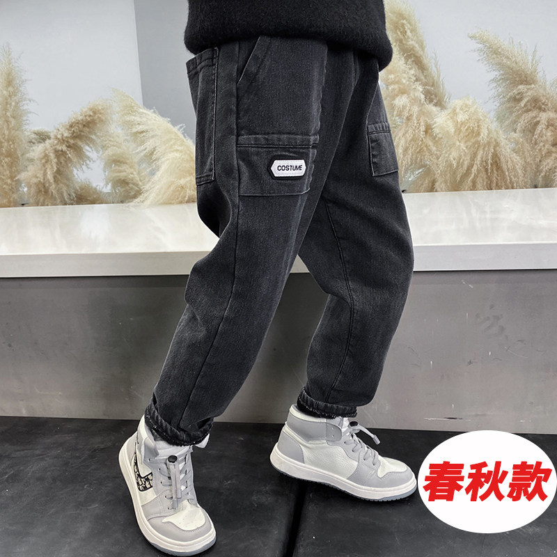 Boys' denim pants 2021 new spring and autumn winter plus fleece integrated velvet in the big boy tide stretch loose
