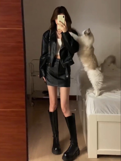 American Retro Black Short Leather Jacket for Women, Spring and Autumn, High-End Style, Petite Biker Jacket, Pu Jacket Top