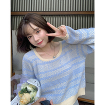 Masisi micro fat mm short section Striped Knit Blouse Women Spring Big Code Loose slim Long sleeves Round Collar Fur Coat