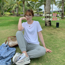 Masisi micro fat big code fat mm white short sleeve T-shirt female spring summer loose and thin lap to wear bottom blouse