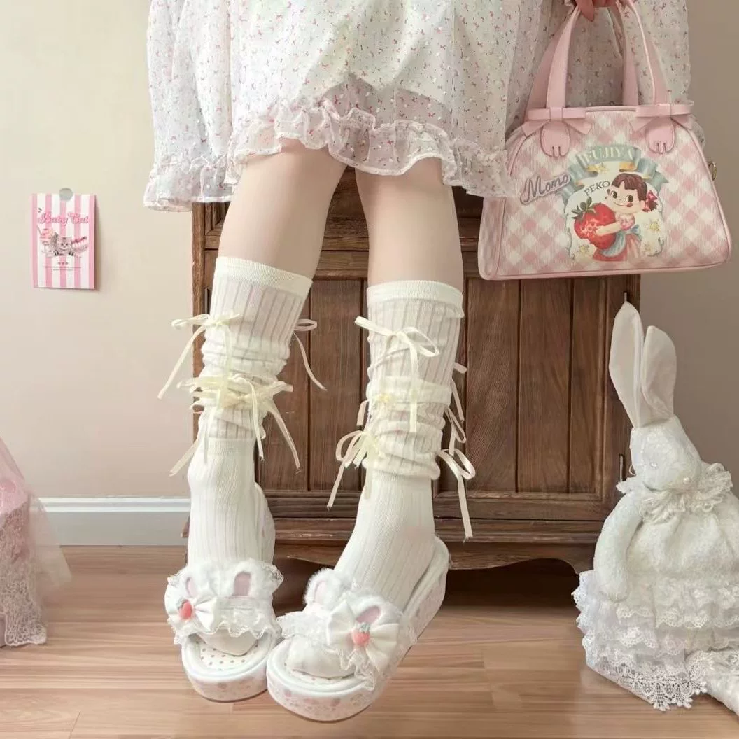[Strawberry Bunny] Оригинальные лолиская обувь с толстой подошвой и мягкими зайчиками уши кружевные босоножки в горошек
