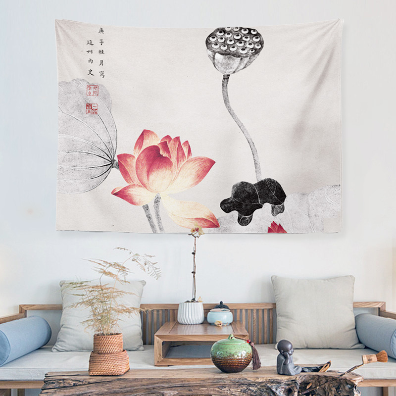 Chinese lotus cloth art hanging curtain ins hanging cloth background cloth bedroom living room tapestry wall cloth tapestry decorative painting