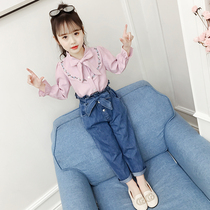 Girl set 2019 new autumn clothes foreign style jeans childrens shirt two-piece set of middle-aged children long pants spring and autumn