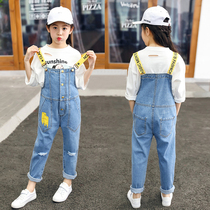 New 2021 girls with pants in big children Korean version of broken jeans children Foreign style with hanging jumpsuit spring and autumn