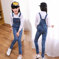Autumn dress new girls with pants denim trousers in big Children girl slim body child back bag pants 12 years old