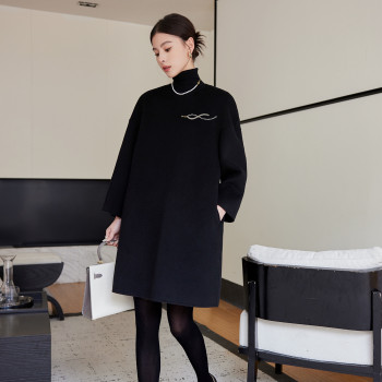 高端黑色连衣裙10%羊绒大衣女中长款2025秋冬新款羊毛双面呢外套