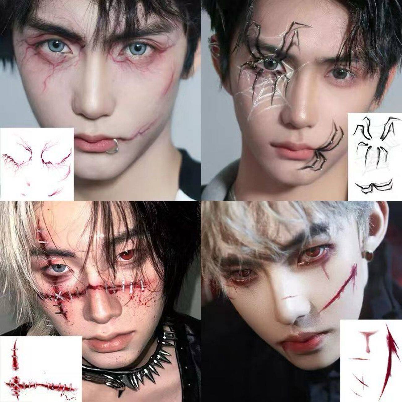 High-quality Halloween makeup face stickers featuring spiders, ghosts, pumpkins, scars, and clowns; waterproof, sweatproof, and realistic.