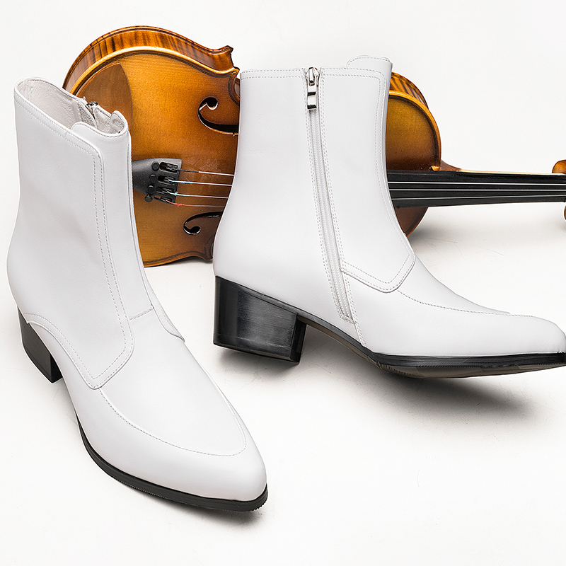 Niche White Chelsea Boots for Men, Pointed-Toe High-Heeled Leather Boots, Performance Boots, Height-Increasing Men's Boots, Stage Leather Shoes, Short Boots