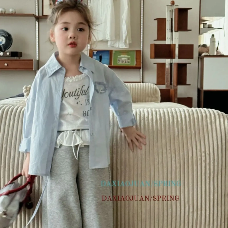 Large and Small Rolls Spring and Summer Fresh Light Blue Girls' Shirts Long-Sleeved Lace-Up Girls Korean Elegant Princess Style