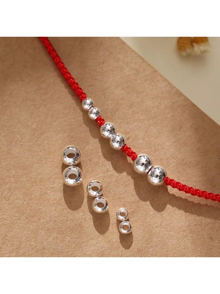 999純銀製ハンドメイドビーズブレスレットアクセサリー、丸ビーズ、スペーサービーズ、光沢ビーズ、ルースビーズ、Xin素材。