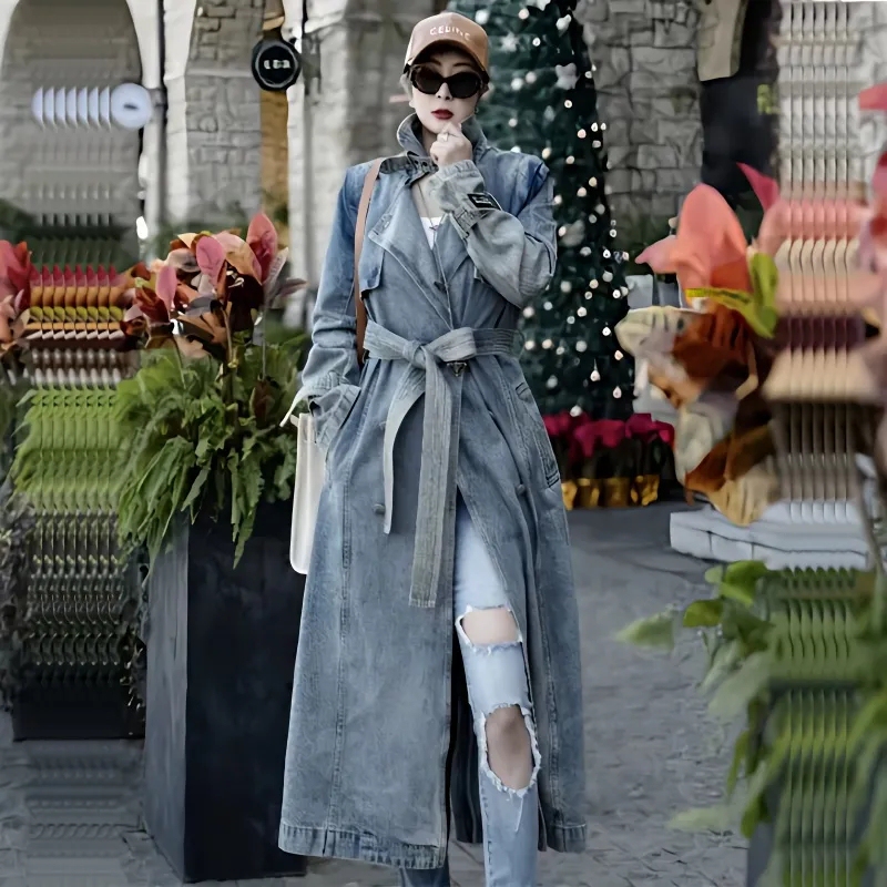 Denim Trench Coat for Women 2026 Spring New European and American Trendy Personality Retro Tall Long Trench Coat for Women