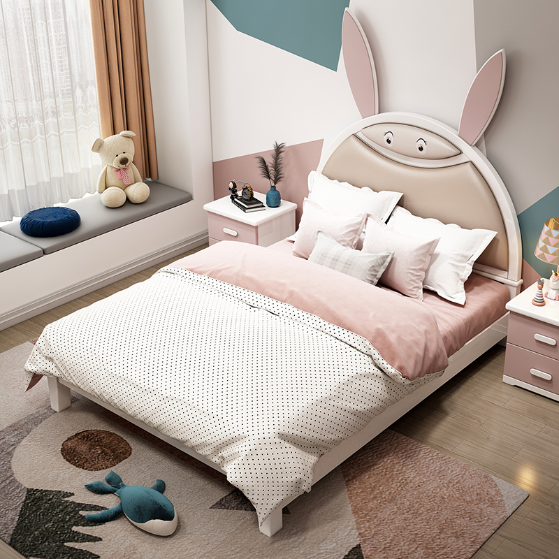 Children's bed girl rabbit bed Princess bed girl Pink dream Castle single bed net red rabbit ear cartoon bed