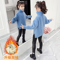 Girls sweater 2021 New style winter plus velvet thickened children imitation mink velvet high collar solid color chenille base shirt
