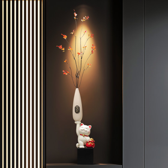 入户门玄关招财猫细长竖高花瓶摆件高级感客厅电视柜花艺装饰礼品