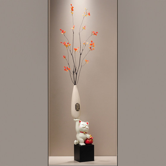入户门玄关招财猫细长竖高花瓶摆件高级感客厅电视柜花艺装饰礼品