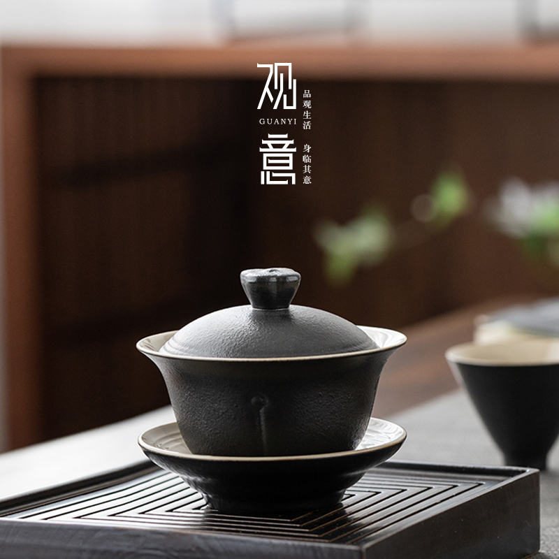Watch Mind Zen Wind Three only cover Bowl Hand Grip Coarse Pottery Cover Bowl Ceramic Tea Bowl home Gongfu tea with large number of tea cups