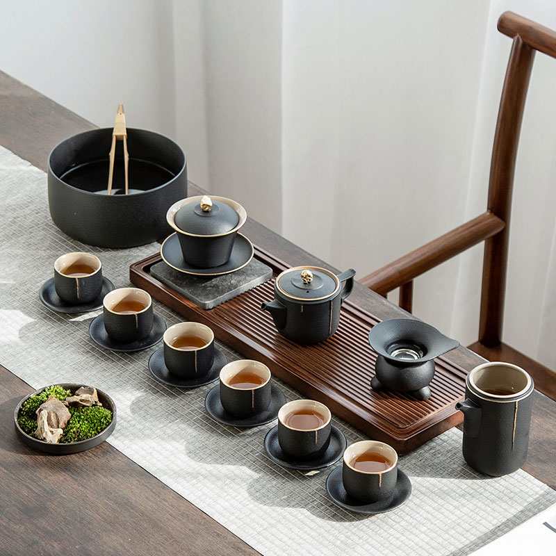 Guanyi black pottery whole set kung fu tea set tea sea home Japanese tea ceremony creative teapot lid bowl supplies light luxury