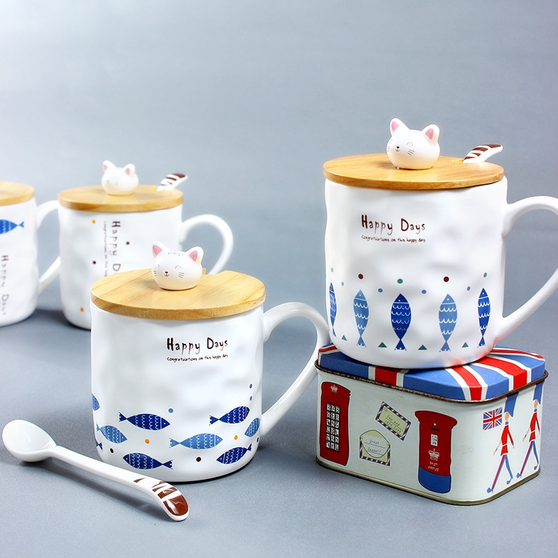 Japanese Zakka creative cartoon cat and fish mark ceramic cup with a spoon with cover breakfast milk cup