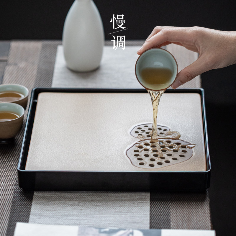Retro ceramic tea tray household dry brewing tea table tea tray water storage dry brewing tray kung fu tea set cover bowl teapot set