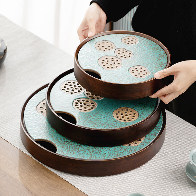 Home Ceramic Tea Tray Round Trumpet Dry Bubble Pan Coarse Pottery Kiln Change Dry Bubble Table Kung Fu Tea Pot tea Underpass Tea Undertake