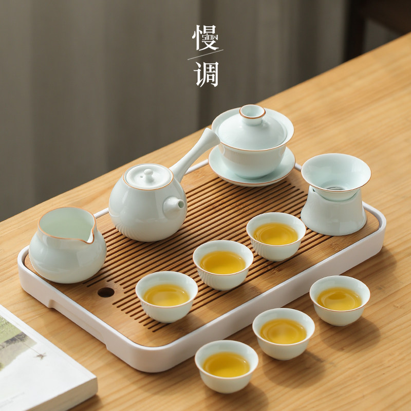 Day Style Brief Kung Fu Tea Set Small Cover Home Ceramic Cover Bowl Teapot Tea Cup Water Storage Dry Bubble Tea Tray Tea Road Suit