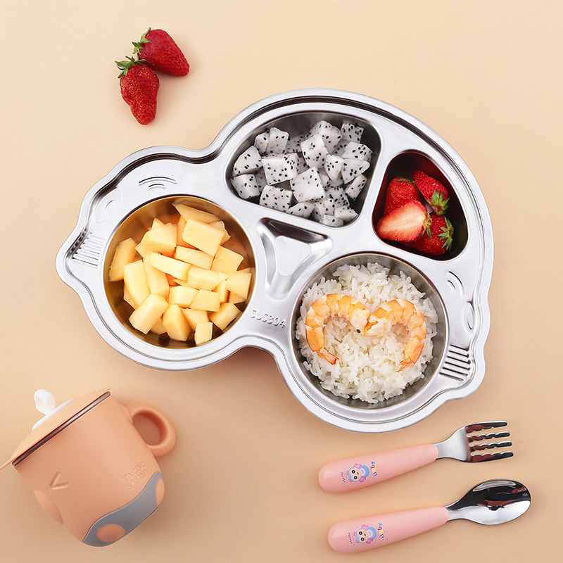 304 food-grade stainless steel children's dinner plate divider baby home anti-fall cartoon baby meal separation plate