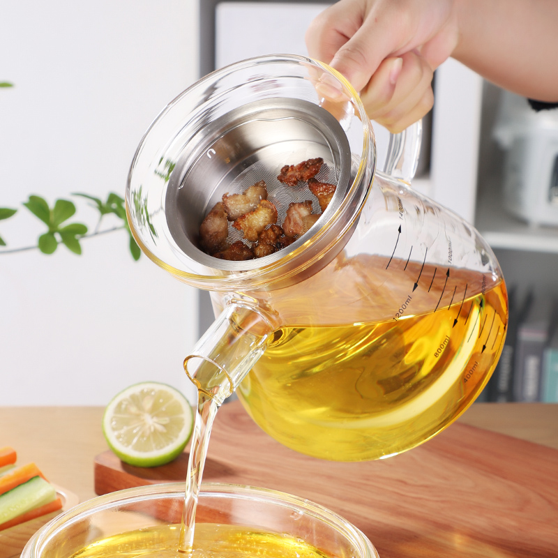 Filter Pig Oil Residue Glass Oil Pot Kitchen Oil Storage Tank Home Oil Spill God large capacity with strainer for oil bottle cap
