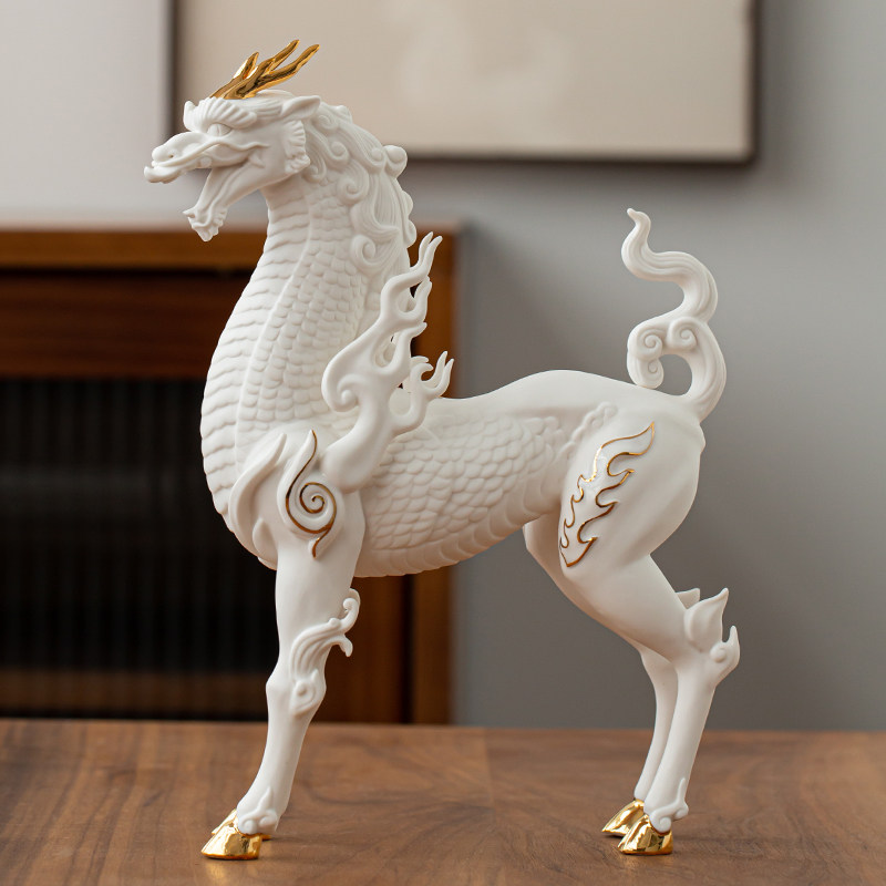 Ink Dyeing and Fragrant Defied White Porcelain Ceramic Fire Kirin Xianlin Handicraft Swing Accessories for Home Merchants Opening Gift Gift